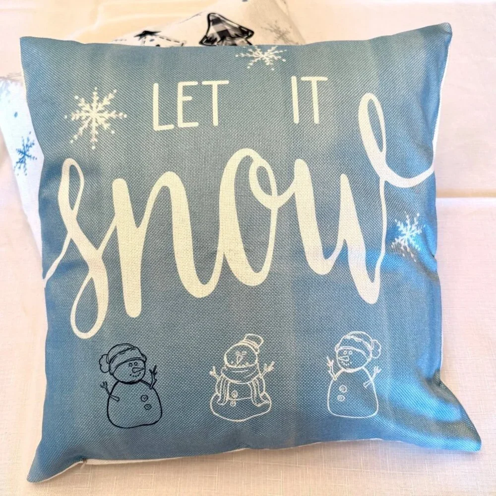 Holiday Decorative Throw Pillow Cover With Let It Snow Design and Snowmen Accent